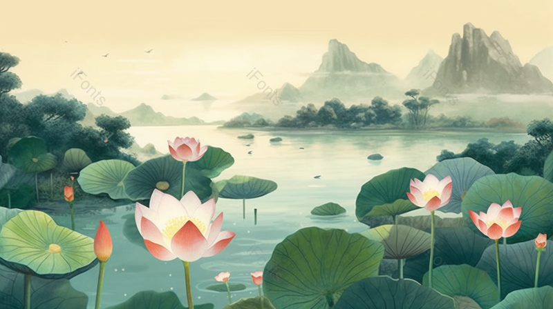 夏季湖水岸边盛开的荷花,插画/手绘图,插画/手绘图库,插画/手绘图下载,插画/手绘